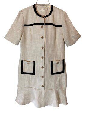 NWT Commense Ivory Tweed Dress With Black Trim And Gold Buttons Small